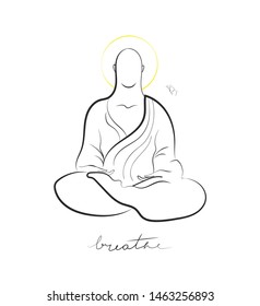 vector minimal illustration of a monk sitting in yoga pose, decorated with yellow nimbus and augmented with Breathe sign.