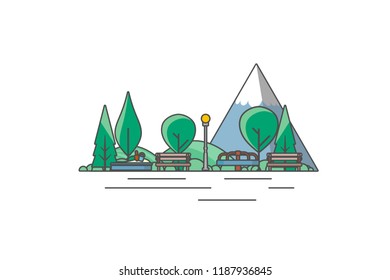 Vector minimal Illustration of outdoor park with black outline stroke. 