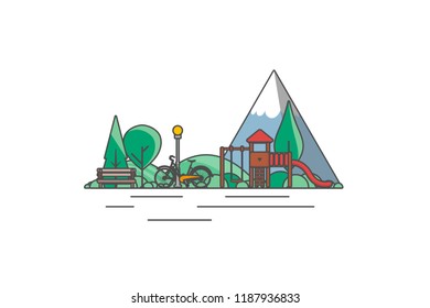 Vector minimal Illustration of outdoor playground with black outline stroke. 