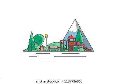 Vector minimal Illustration of outdoor playground with black outline stroke. 