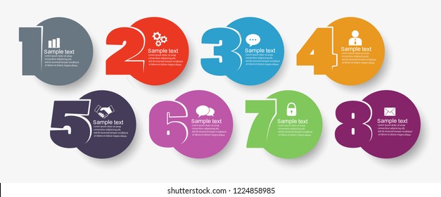Plantilla de diseño de infografía mínima de vectores con iconos y 8 opciones o pasos.  Se puede utilizar para diagrama de procesos, presentaciones, diseño de flujo de trabajo, banner, diagrama de flujo, gráfico de información. Eps 10