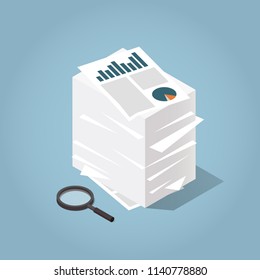 Vector minimal isometric illustration of working with documents. Big stacks of paper and  magnifier. Analysing and researching creative process concept. 