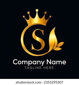 Logo de la letra mínima del vector con corona dorada.