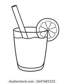 Vector minimal line art isolated illustration of a cold beverage in a glass with straw and lemon slice in black and white.