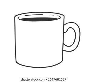 Vector minimal line art isolated illustration of a plain coffee mug filled with dark liquid in black and white.