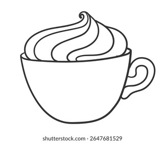 Vector minimal line art isolated illustration of a dessert drink in a cup topped with whipped cream in black and white.