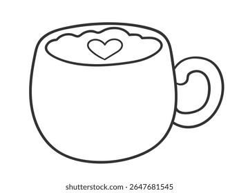 Vector minimal line art isolated illustration of a coffee mug with heart-shaped foam in black and white.