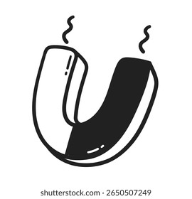 Vector minimal line art isolated illustration of a U-shaped horseshoe magnet with magnetic lines in black and white.