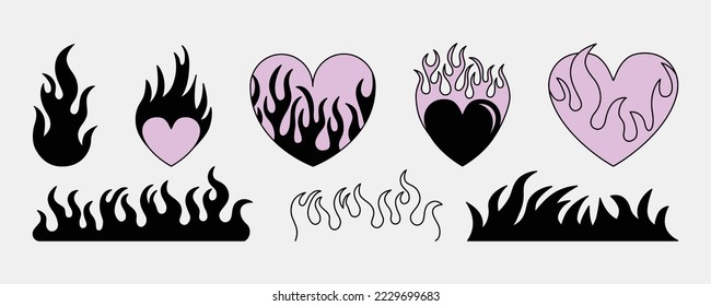 Vector minimal line illustrations set - trendy abstract aesthetic y2k hearts and flames, minimal tattoo compositions, prints and graphic design elements