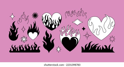 Vector minimal line illustrations set - trendy abstract aesthetic y2k hearts and flames, minimal tattoo compositions, prints and graphic design elements