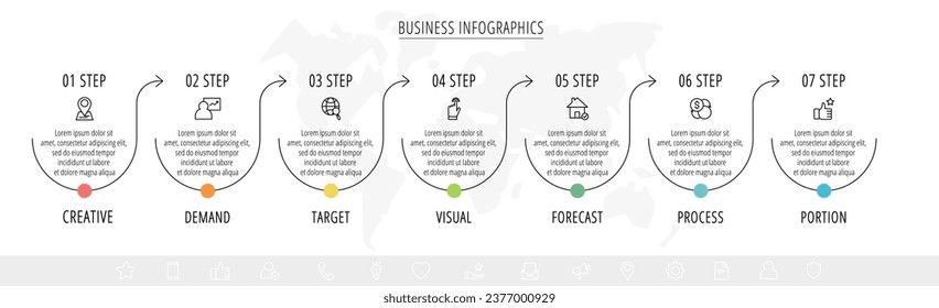 Vector minimal line infographics with arrows. Business concept 7 steps by step, options, labels. Flat template with seven ways for chart, diagram, flowchart, app, flowchart