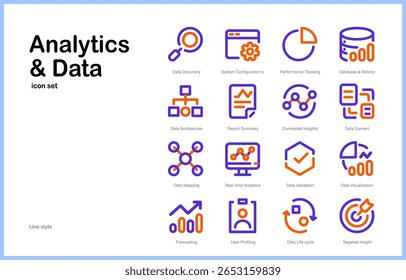 Vector estilo de línea mínima Conjunto de iconos de datos, análisis, informe de panel, big data, base de datos para presentación o uso de panel