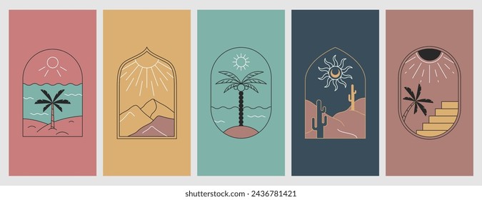 Vector emblema boho lineal minimalista con palma, playa de mar y sol en estilo bohemio. Logotipos de viaje con cactus, desierto arenoso, montañas y árboles tropicales. Insignias de verano y vacaciones modernas para vacaciones