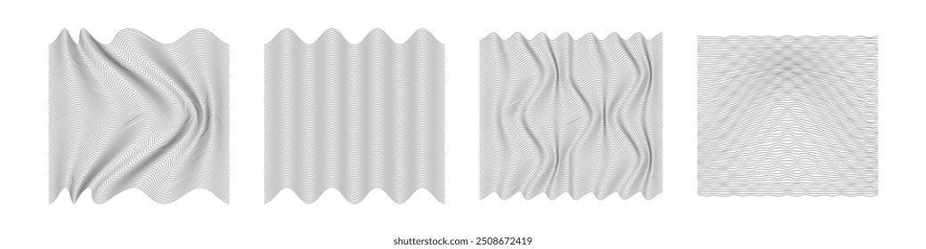 Vector minimal linear shapes collection. Set of wireframe wavy lines. Abstract 3d Cyberpunk grid textures
