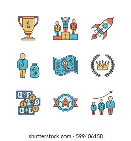 Vector minimal lineart flat business iconset. Winners goblet, podium, pedestal, space rocket, dollar, money, crown, laurel wreath, reward, population growth.