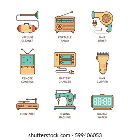 Vector minimal lineart flat household iconset. Vacuum cleaner, portable radio, hair dryer, remote control, battery charger, hair clipper, sewing machine, digital watches.