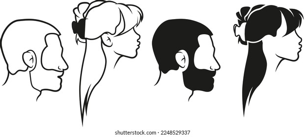 Vector minimal logo icon of man and woman, man head woman head, hair, hairstyle - side - Barbershop logo v.3