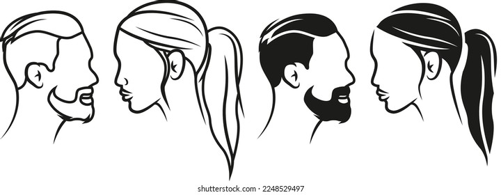 Vector minimal logo icon of man and woman, man head woman head, hair, hairstyle - side - Barbershop logo v.2