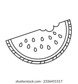 Vector Minimal Outline Watermelon Slice with seeds isolated on White background Fresh watermelon fruit design element for summer time Fresh cut and sliced watermelon Juicy fruit. Fruit Design Element