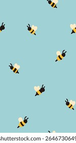 Vector minimal pattern with cute bees on a blue background. Naive texture with hand drawn flying insects for fabrics, wallpapers and wrapping paper