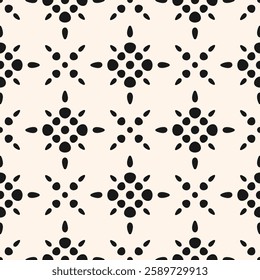 Vector minimal seamless pattern. Abstract floral geometric texture with dots, flower silhouettes, stars. Simple black and white minimalist ornament. Elegant modern background. Repeated geo design
