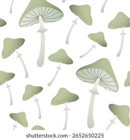 Vector minimal seamless pattern with green forest mushrooms. Soft textured shapes on white background create cozy woodland atmosphere Design for autumn card, textile, wrapping papper or natural print