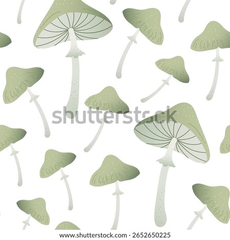 Vector minimal seamless pattern with green forest mushrooms. Soft textured shapes on white background create cozy woodland atmosphere Design for autumn card, textile, wrapping papper or natural print