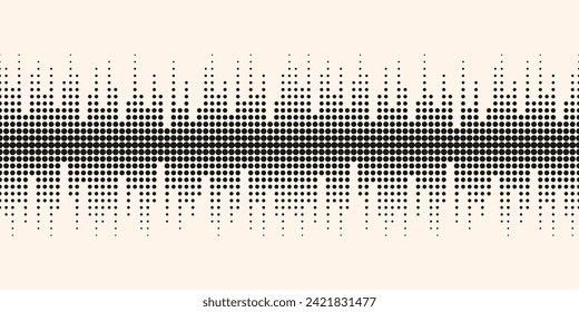 Vector minimal seamless pattern with halftone dots. Dynamic visual effect, simple black and white background. Monochrome illustration of sound waves, music. Techno geometric texture. Repeated design 