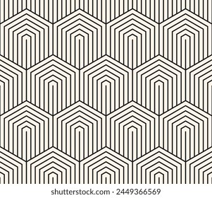 Vector patrón sin costuras mínimo con hexágonos, líneas. Fondo geométrico abstracto blanco y negro con rejilla hexagonal. Textura monocroma lineal simple. Diseño repetido para la decoración, impresión, textil