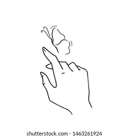 vector minimal sketchy illustration of a thin hand with long fingers and a butterfly flying around.