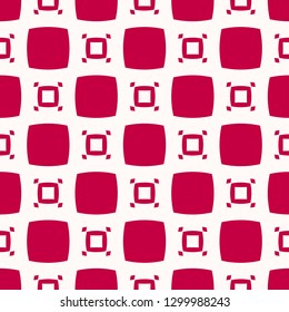 Vector minimal squares seamless pattern. Abstract red and white geometric texture with rounded squares, dots. Simple minimalist background. Repeatable design for decor, wallpapers, gift paper, fabric