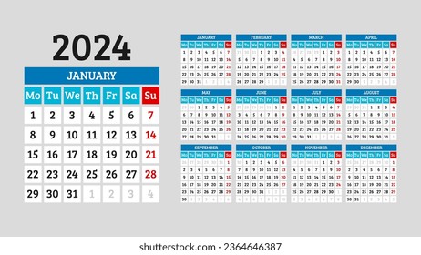 Vector minimal style 2024 page calendar for new year