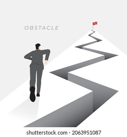 Vector minimal style back view of businessman runs up a mountain with obstacle, crack, split land, trap, hole and red flag on top. The business concept of ambition, challenge, achievement, motivation.