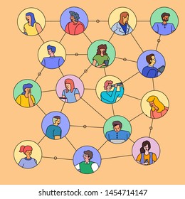 Vector minimal style people connecting with balloon message. thin line solid color illustration. 