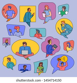 Vector minimal style people connecting with balloon message. thin line solid color illustration. 