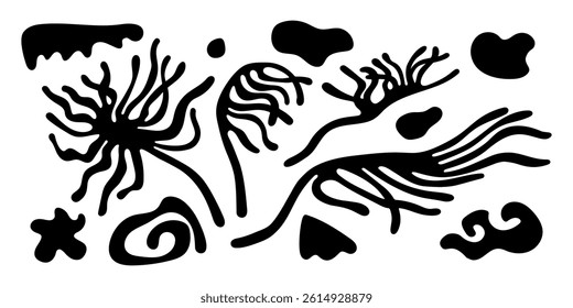 Vector minimal summer design elements set. Botanic beach holiday hand drawn naive flat illustrations — isolated black groovy and wavy style for banners, flyers,  posters, frames, modern wall art