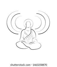 vector minimal symbolic illustration of a buddhist sitting in yoga pose and praying. 