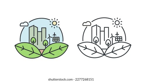 Vector minimal thin line icon outline linear stroke logo illustration of eco green city. Two versions, colored and unfilled stroke