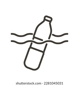 Vector minimal thin line icon outline linear stroke illustration of a plastic bottle in the ocean water. Trash garbage pollution our planet waters