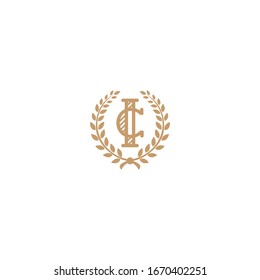 Vector minimal vintage IC or CI monogram logo with laurel wreath. IC golden circle sircle sign isolated on white background