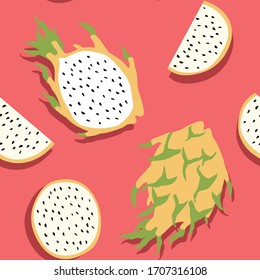 Vector Minimal Yellow Dragon Fruit or Kirin Fruit Seamless Pattern, Pink & Yellow Conbination