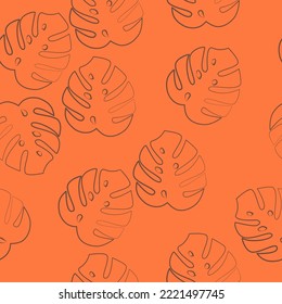 Vector. Minimalism autumn seamless pattern in pastel colors, with monstera leaves in a linear style and abstract shapes. Modern minimalist mobile wallpaper for social media stories, branding, covers.