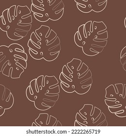 Vector. El minimalismo se presenta en un patrón sin fisuras en colores pastel, con hojas monsteras en un estilo lineal y formas abstractas. Fondo de pantalla moderno minimalista para artículos de medios sociales, marca, portadas.