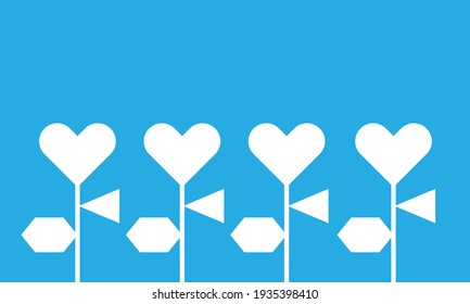 A vector of minimalism concept of flower made with line, geometric and love shape on blue background.