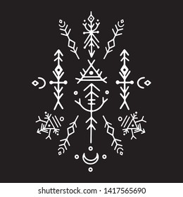 Vector minimalism, geometry, hipster design elements. Vector isolated line icon. Tribal elements, aztec stile, tribal art, ethnic collection, tribal design isolated on black background. 
