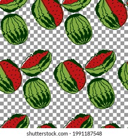 Vector. Minimalism seamless pattern with watermelons in linear grunge style, abstract shapes on a transparent background. Modern minimalist mobile wallpaper for social media stories, branding, covers.