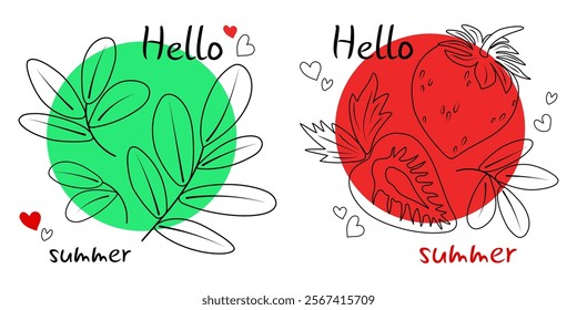 Vector minimalism strawberry leaves and berries with black line on bright color circle. Set of stylish natural designs with the inscription Hello Summer. Eco templates, covers, icons, logos