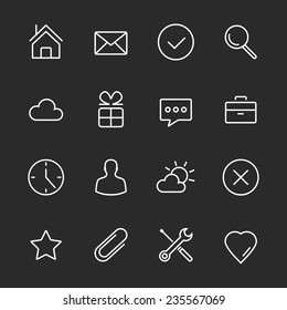 Vector minimalism style design white icons Set. Modern user interface ui graphic elements, symbols. Isolated on dark black background.