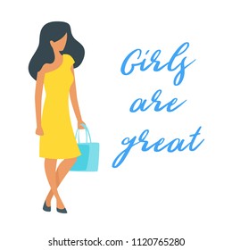 Vector minimalism style silhouette of woman standing in yellow dress. Isolated on white background. Girls are great text.