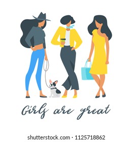 Vector minimalism style silhouettes of woman in casual clothes in different standing poses with pet dog. Isolated on white background. Girls power concept.